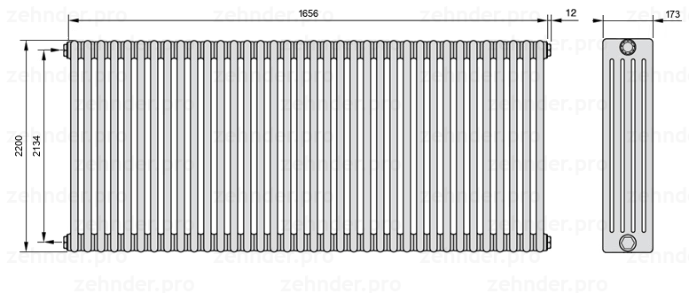 Схема (чертеж) Радиатор Zehnder Charleston 5220/36 №1270 Белый глянцевый RAL 9016